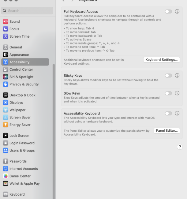 screenshot of Slow Keys under Accessibility-Keyboard on Mac